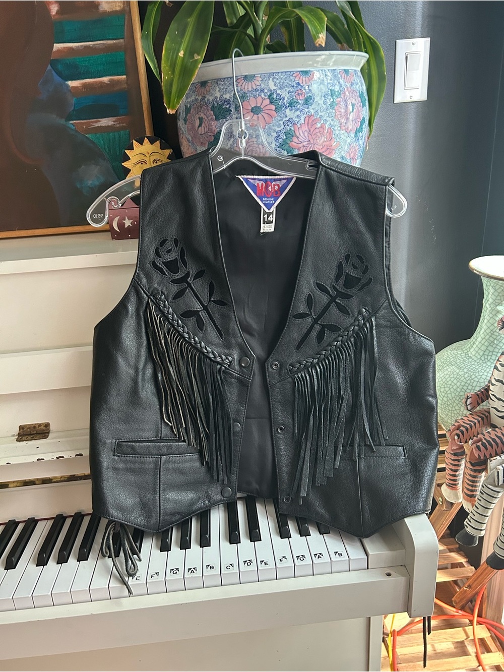Vintage MOB Black Genuine Leather Fringe Rose Vest Size 14
